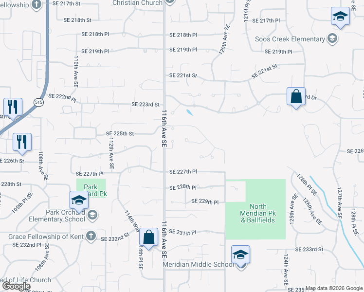 map of restaurants, bars, coffee shops, grocery stores, and more near 22564 116th Place Southeast in Kent