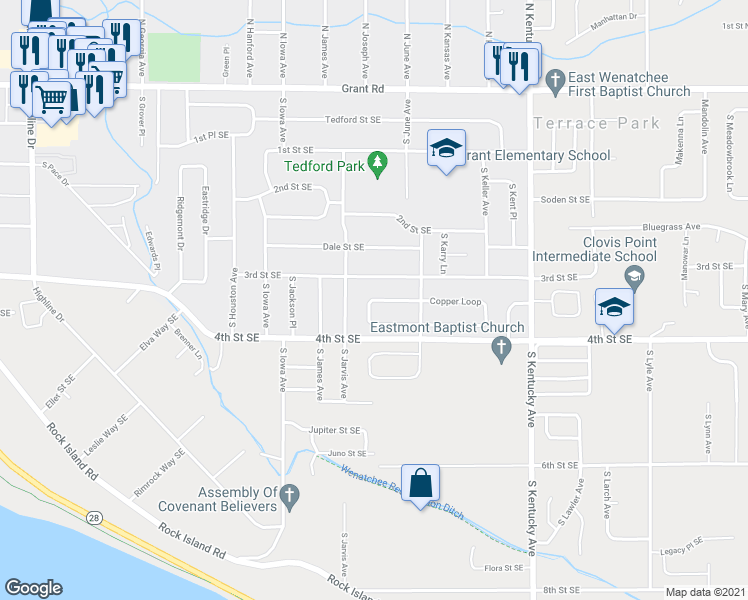 map of restaurants, bars, coffee shops, grocery stores, and more near 1375 Boulder Loop in East Wenatchee