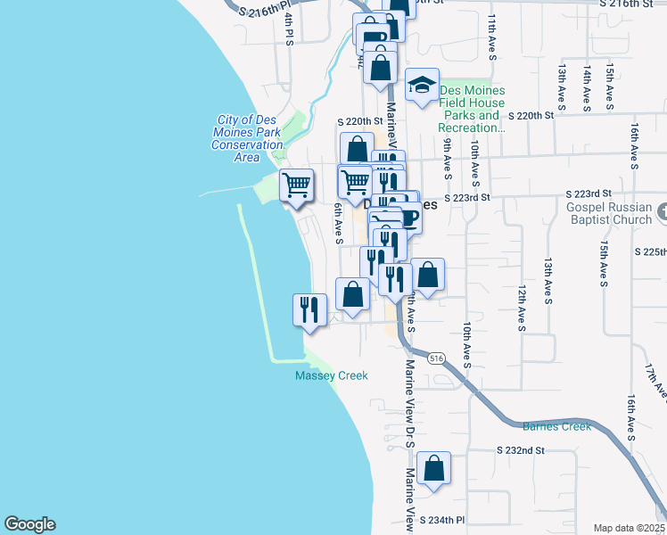 map of restaurants, bars, coffee shops, grocery stores, and more near 22625 Dock Avenue South in Des Moines