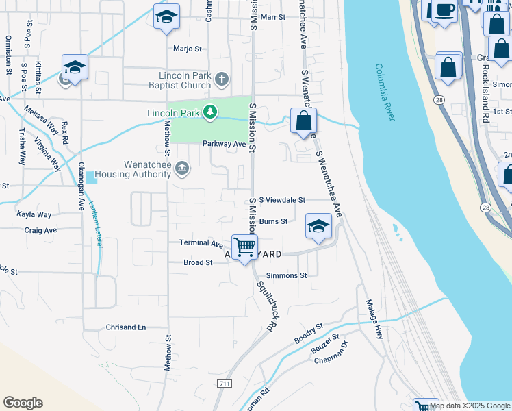 map of restaurants, bars, coffee shops, grocery stores, and more near 193 South Viewdale Street in Wenatchee