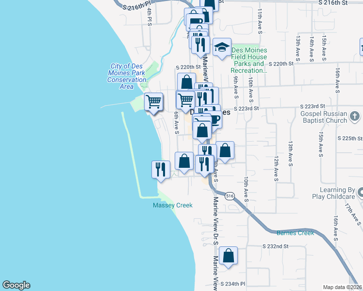 map of restaurants, bars, coffee shops, grocery stores, and more near 22516 6th Avenue South in Des Moines