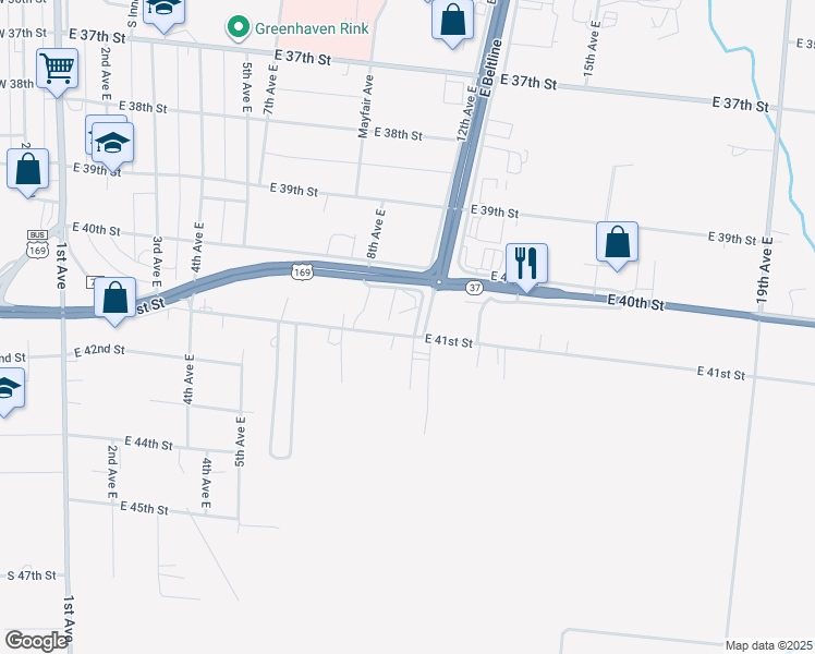 map of restaurants, bars, coffee shops, grocery stores, and more near 835 East 41st Street in Hibbing