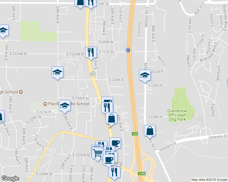 map of restaurants, bars, coffee shops, grocery stores, and more near 22434 30th Avenue South in Des Moines