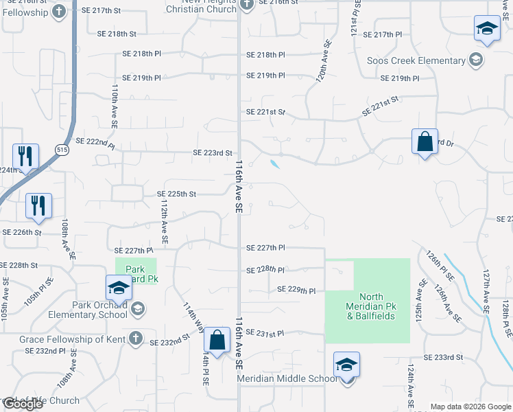 map of restaurants, bars, coffee shops, grocery stores, and more near 22564 116th Place Southeast in Kent