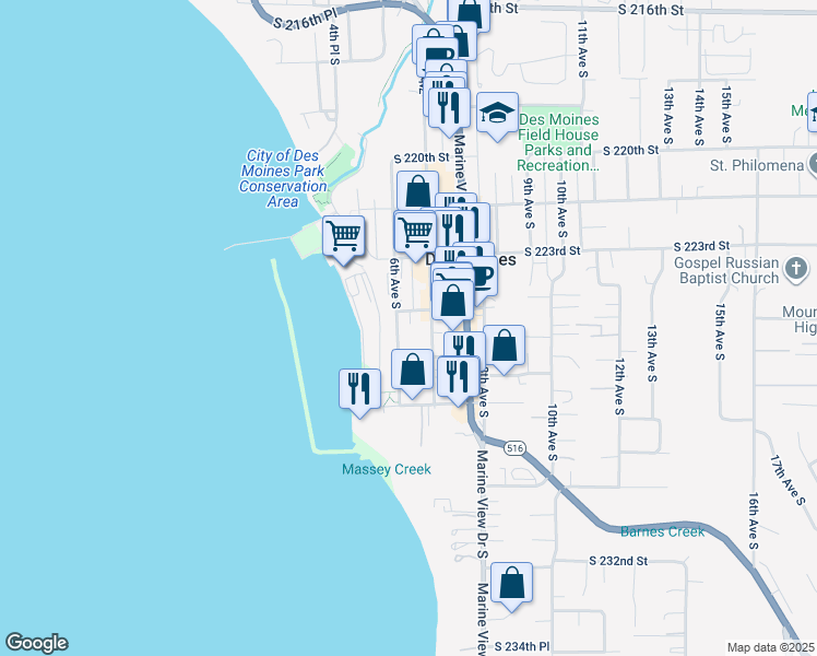 map of restaurants, bars, coffee shops, grocery stores, and more near 22514 6th Avenue South in Des Moines