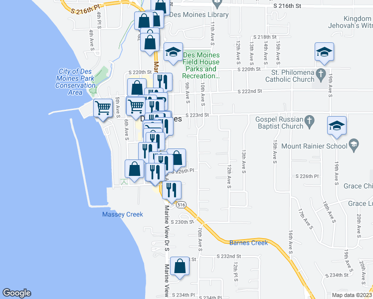 map of restaurants, bars, coffee shops, grocery stores, and more near 22525 10th Avenue South in Des Moines