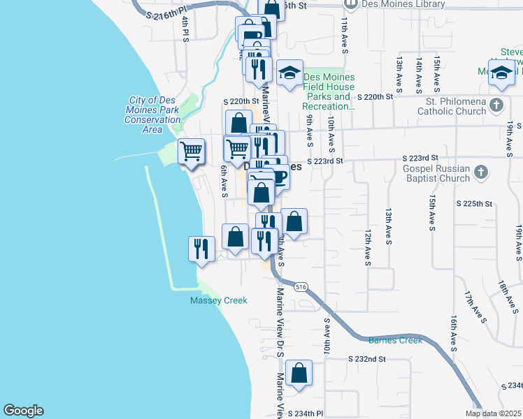 map of restaurants, bars, coffee shops, grocery stores, and more near 22511 Marine View Drive South in Des Moines