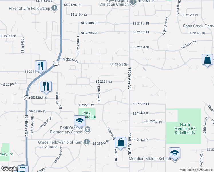 map of restaurants, bars, coffee shops, grocery stores, and more near 22522 113th Place Southeast in Kent