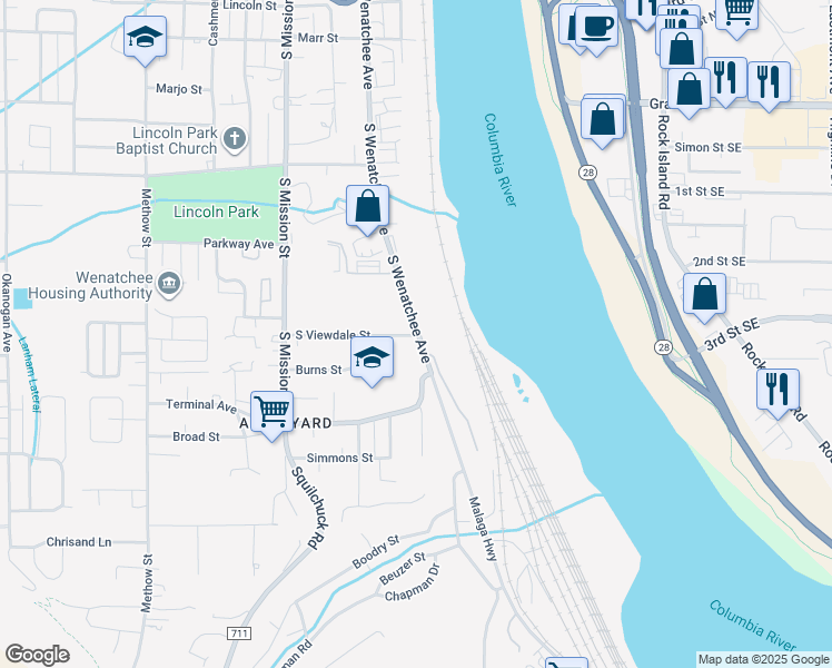 map of restaurants, bars, coffee shops, grocery stores, and more near 20 South Viewdale Street in Wenatchee