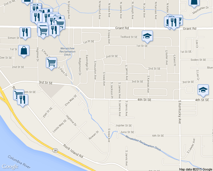 map of restaurants, bars, coffee shops, grocery stores, and more near 303 South Iowa Avenue in East Wenatchee