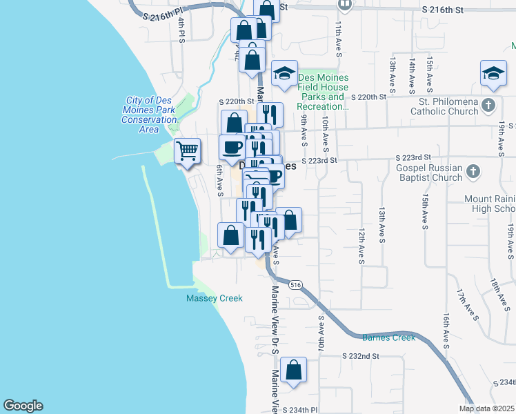 map of restaurants, bars, coffee shops, grocery stores, and more near 22511 Marine View Drive South in Des Moines