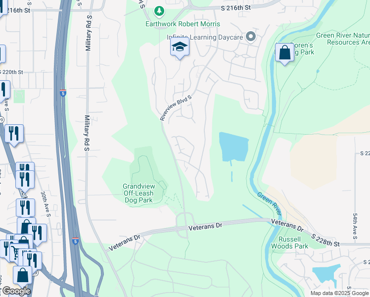 map of restaurants, bars, coffee shops, grocery stores, and more near 22512 41st Avenue South in Kent