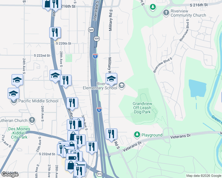 map of restaurants, bars, coffee shops, grocery stores, and more near 22428 Military Road South in SeaTac