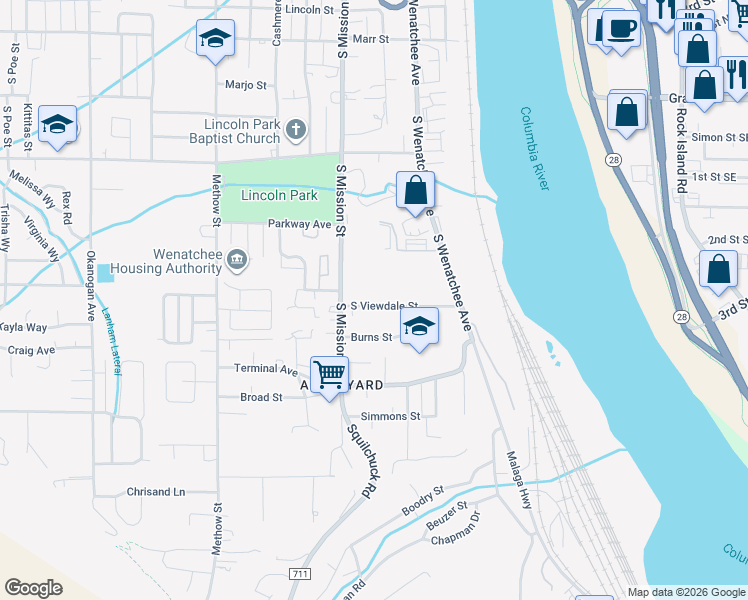 map of restaurants, bars, coffee shops, grocery stores, and more near 150 Viewdale Avenue in Wenatchee