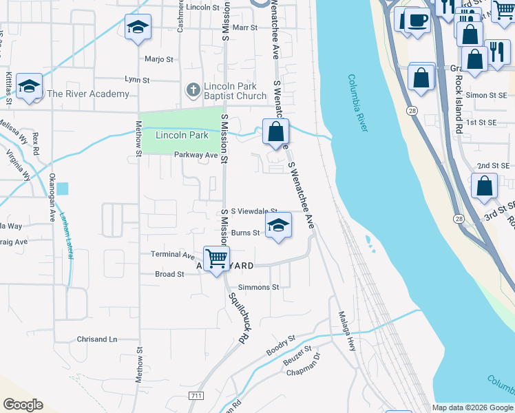 map of restaurants, bars, coffee shops, grocery stores, and more near 150 Viewdale Avenue in Wenatchee