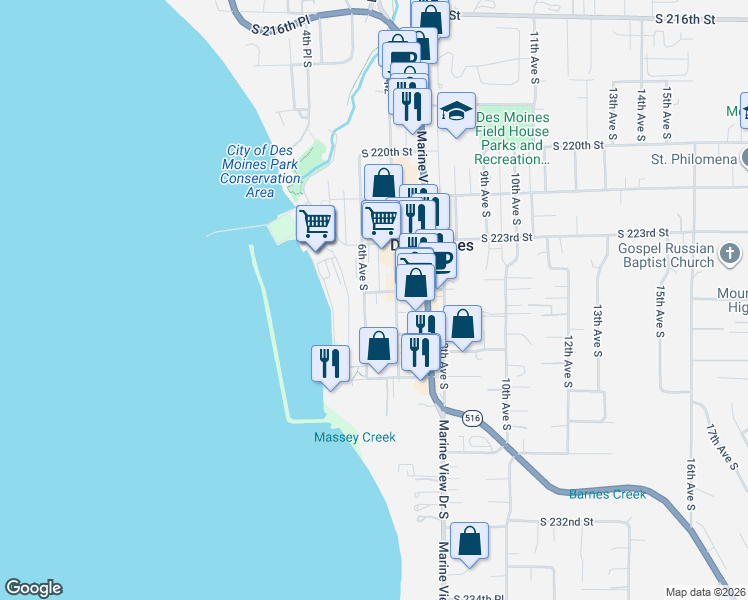 map of restaurants, bars, coffee shops, grocery stores, and more near 22508 6th Avenue South in Des Moines
