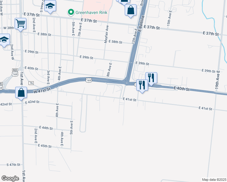 map of restaurants, bars, coffee shops, grocery stores, and more near 835 East 41st Street in Hibbing