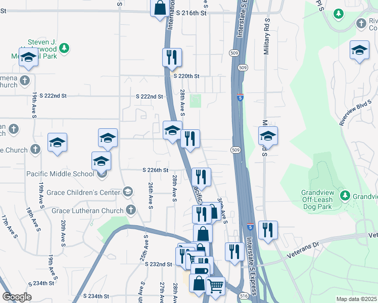 map of restaurants, bars, coffee shops, grocery stores, and more near 22406 Pacific Highway South in Des Moines
