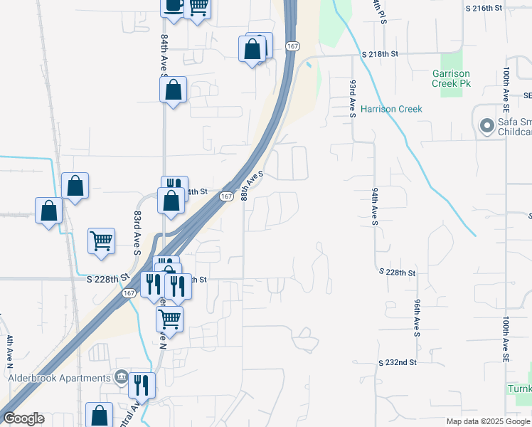map of restaurants, bars, coffee shops, grocery stores, and more near 22416 88th Avenue South in Kent