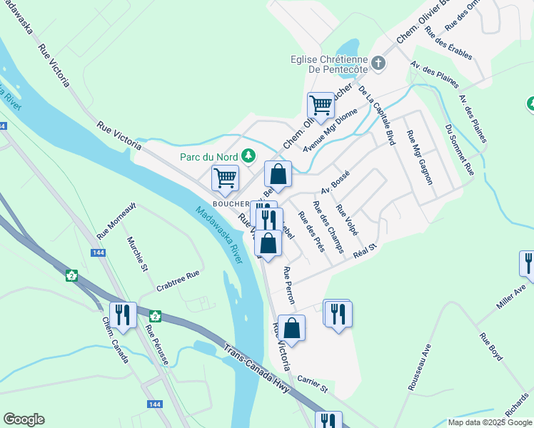 map of restaurants, bars, coffee shops, grocery stores, and more near 11 Rue Lebel in Edmundston