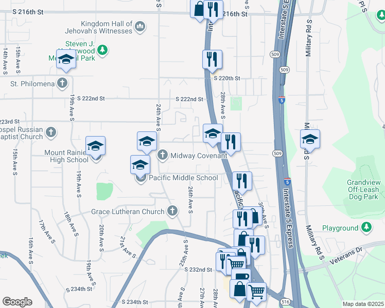 map of restaurants, bars, coffee shops, grocery stores, and more near 2701 South 224th Street in Des Moines