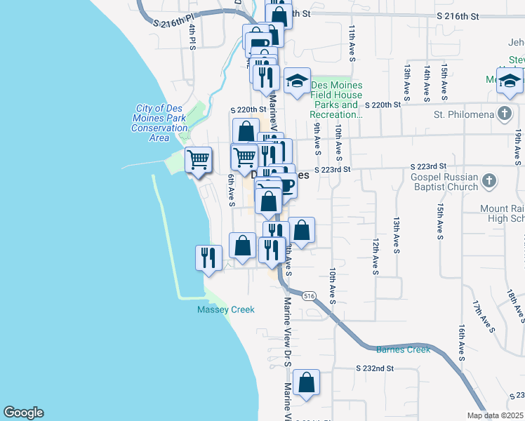 map of restaurants, bars, coffee shops, grocery stores, and more near 22511 Marine View Drive South in Des Moines
