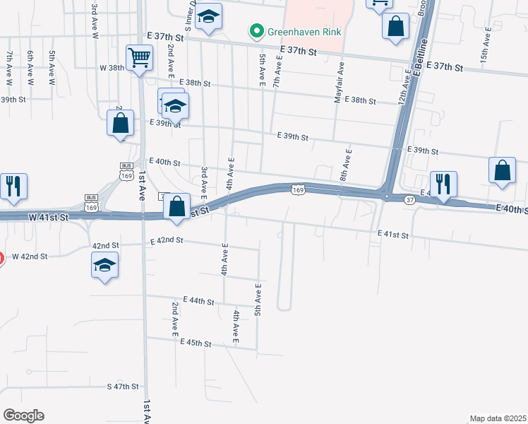 map of restaurants, bars, coffee shops, grocery stores, and more near 503 County Highway 76 in Hibbing