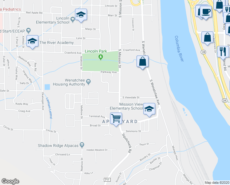 map of restaurants, bars, coffee shops, grocery stores, and more near 214 Antles Street in Wenatchee