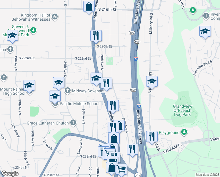 map of restaurants, bars, coffee shops, grocery stores, and more near 22415 30th Avenue South in Des Moines