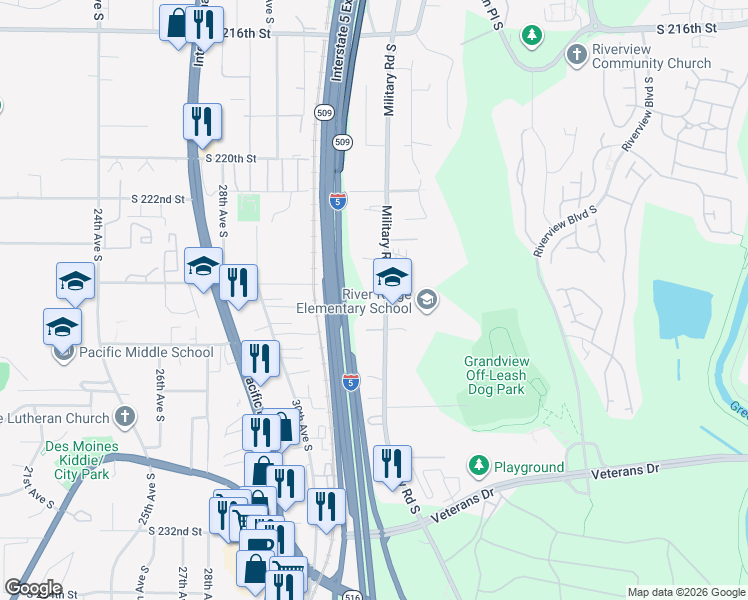 map of restaurants, bars, coffee shops, grocery stores, and more near 22428 Military Road South in SeaTac