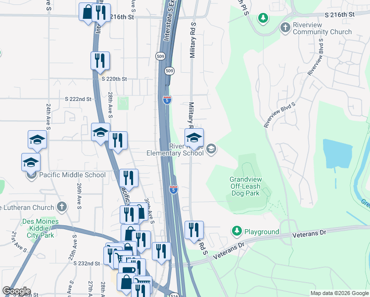 map of restaurants, bars, coffee shops, grocery stores, and more near 22428 Military Road South in SeaTac