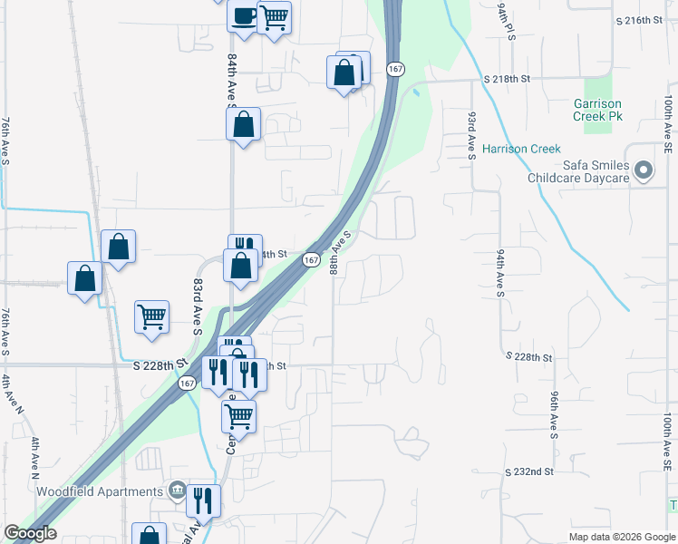 map of restaurants, bars, coffee shops, grocery stores, and more near 22416 88th Avenue South in Kent