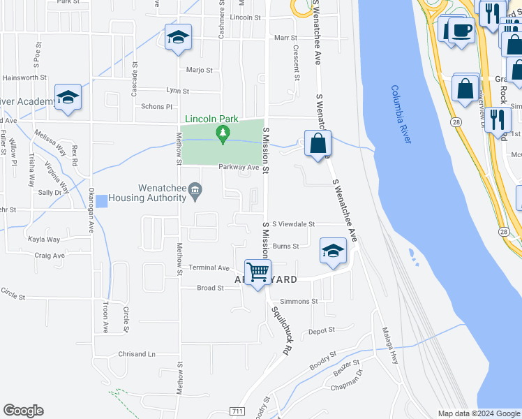 map of restaurants, bars, coffee shops, grocery stores, and more near 193 South Viewdale Street in Wenatchee