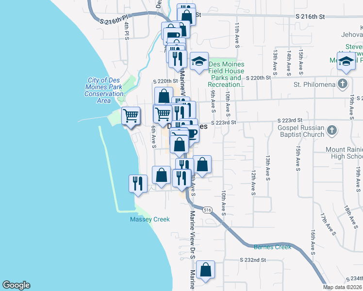 map of restaurants, bars, coffee shops, grocery stores, and more near 22341 Marine View Drive South in Des Moines