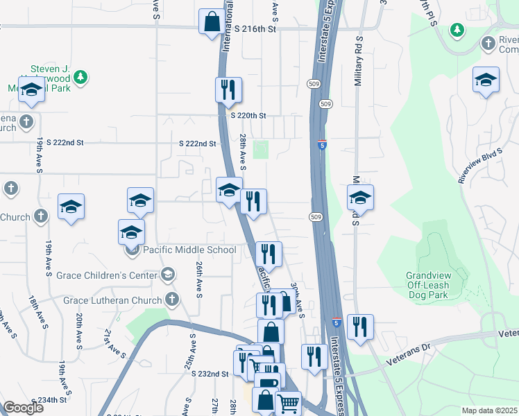 map of restaurants, bars, coffee shops, grocery stores, and more near 22405 30th Avenue South in Des Moines
