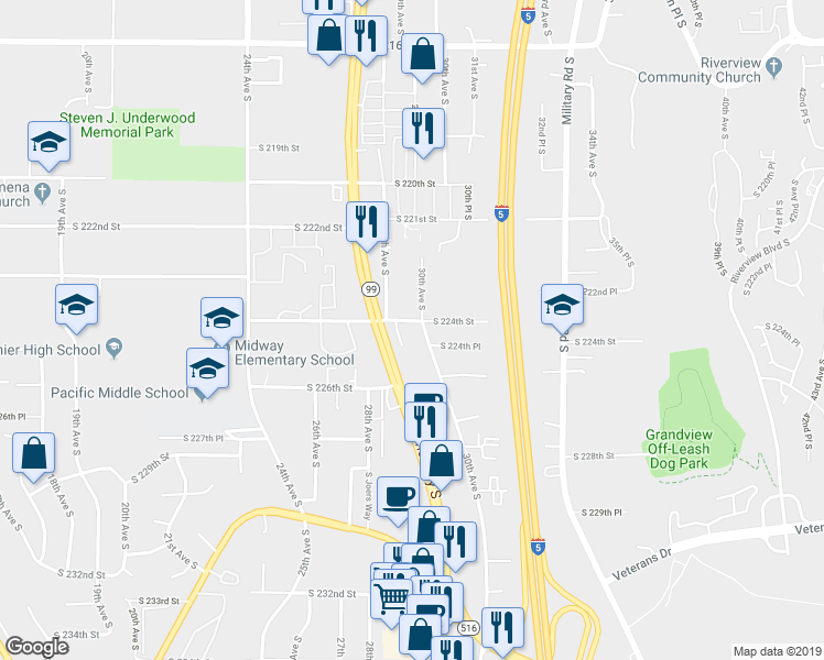 map of restaurants, bars, coffee shops, grocery stores, and more near 22406 Pacific Highway South in Des Moines