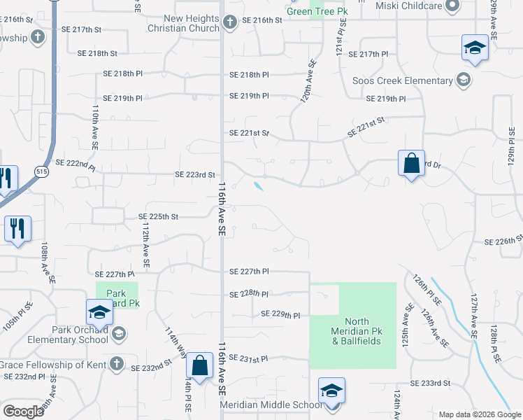 map of restaurants, bars, coffee shops, grocery stores, and more near 11701 Southeast 225th Street in Kent