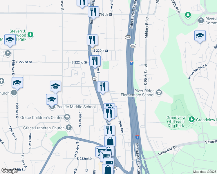 map of restaurants, bars, coffee shops, grocery stores, and more near 22400 30th Avenue South in Des Moines