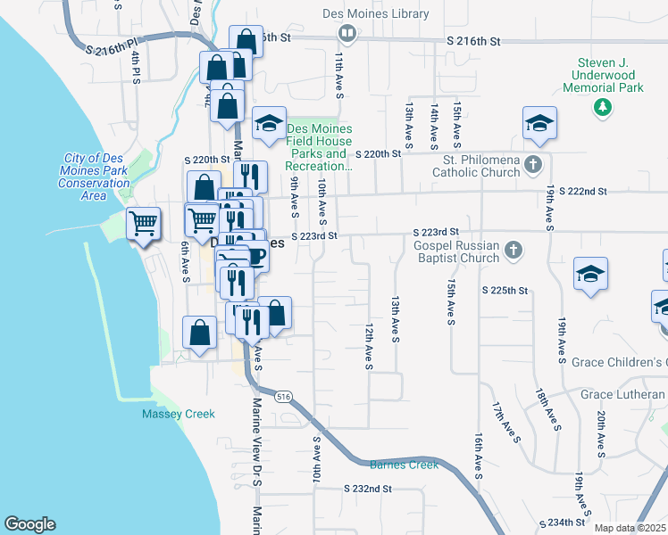 map of restaurants, bars, coffee shops, grocery stores, and more near 22332 10th Avenue South in Des Moines