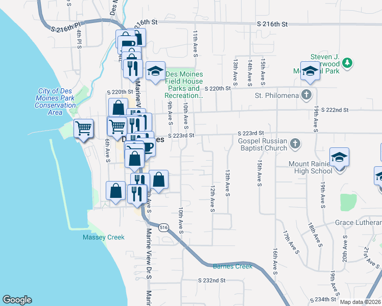 map of restaurants, bars, coffee shops, grocery stores, and more near 22332 10th Avenue South in Des Moines