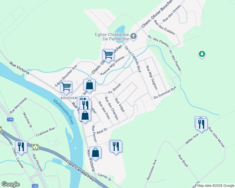 map of restaurants, bars, coffee shops, grocery stores, and more near 58 Avenue Bossé in Edmundston