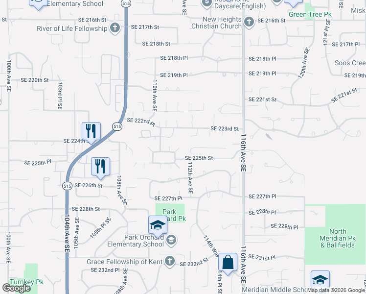 map of restaurants, bars, coffee shops, grocery stores, and more near 11211 Southeast 223rd Place in Kent