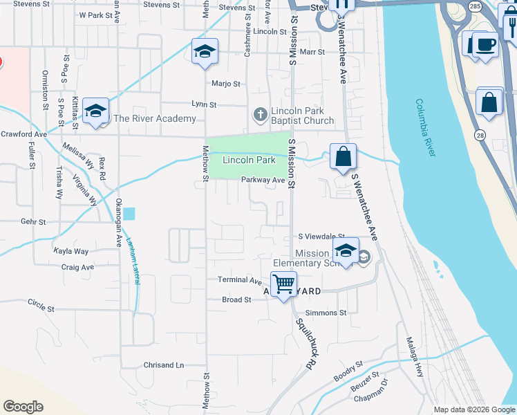 map of restaurants, bars, coffee shops, grocery stores, and more near 1569 Cashmere Street in Wenatchee