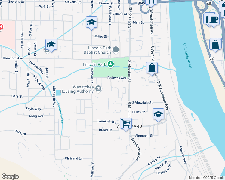 map of restaurants, bars, coffee shops, grocery stores, and more near 1546 Cashmere Street in Wenatchee