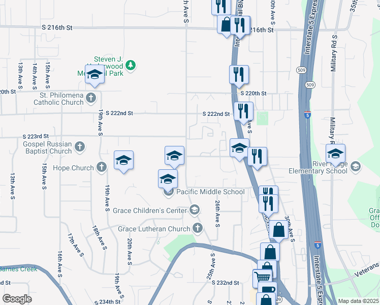 map of restaurants, bars, coffee shops, grocery stores, and more near 22 24th Avenue South in Des Moines