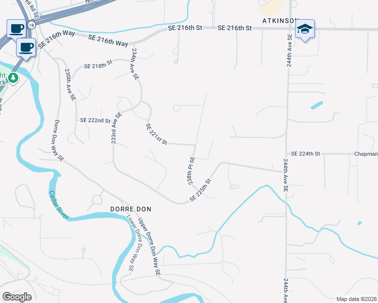 map of restaurants, bars, coffee shops, grocery stores, and more near 23725 Southeast 221st Street in Maple Valley
