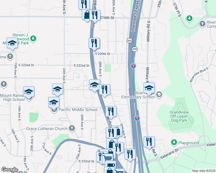 map of restaurants, bars, coffee shops, grocery stores, and more near 22315 30th Avenue South in Des Moines