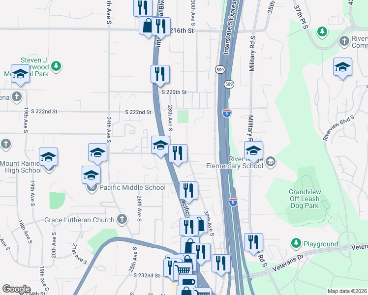 map of restaurants, bars, coffee shops, grocery stores, and more near 22315 30th Avenue South in Des Moines