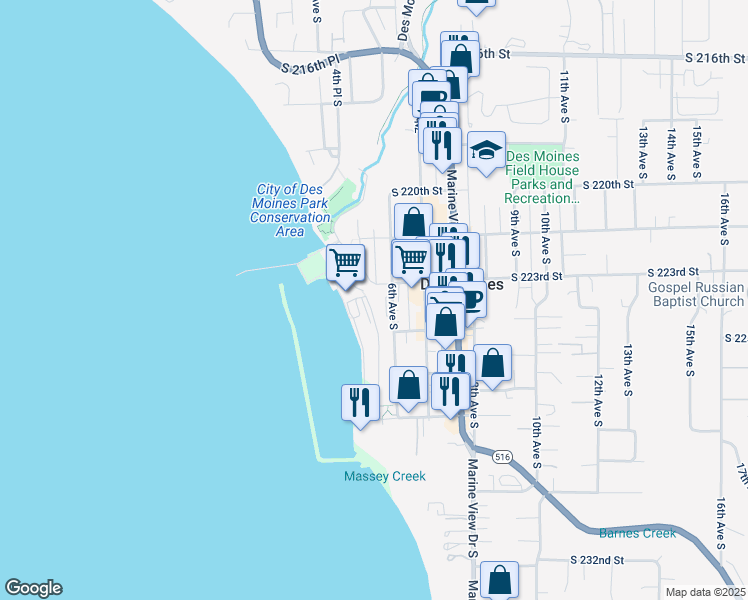 map of restaurants, bars, coffee shops, grocery stores, and more near 22315 6th Avenue South in Des Moines