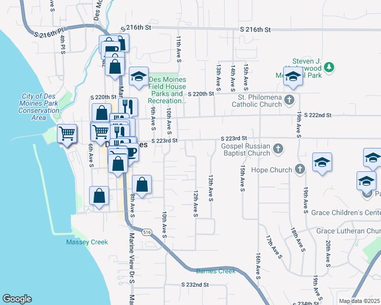 map of restaurants, bars, coffee shops, grocery stores, and more near 22316 11th Avenue South in Des Moines